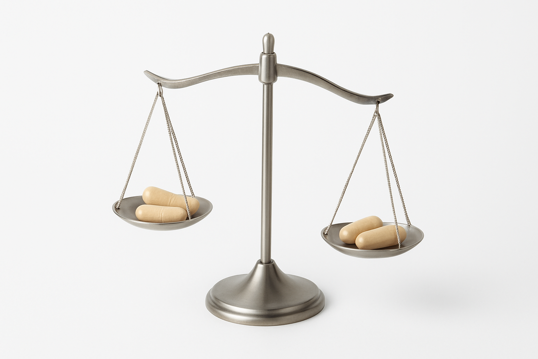 Balanță metalică înclinată cu capsule bej, simbol al selecției premium a capsulelor pentru potență cu standardizare controlată